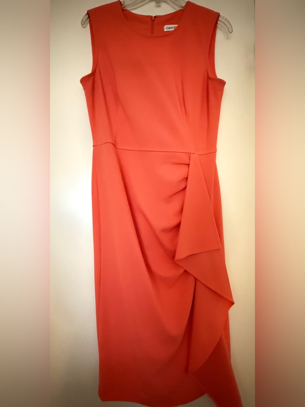 Calvin Klein Coral Midi Dress with Side Ruffle